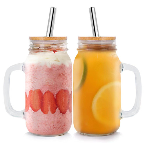 JIAGUOOL 2pcs Drinking Glasses Mason Jar with Handle Glass Cups Mason Jar Cups 24oz Mason Jar Mugs Iced Coffee Tumbler Smoothie Cup for Boba Juice Milk Tea