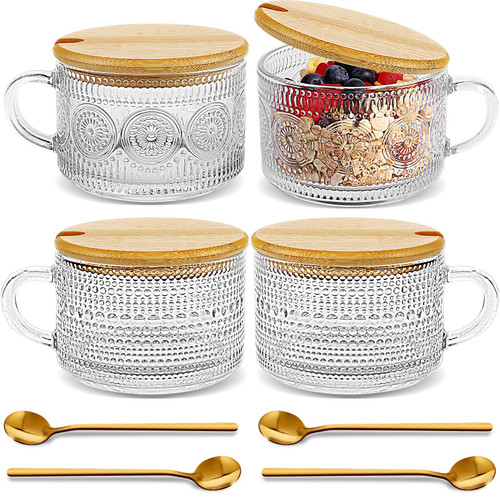 Vintage Coffee Mugs Set of 4,14oz Glass Mugs with Bamboo Lids and Spoons,Clear Embossed Glass Cups with Handle,Vintage Glass Coffee Tea Cups for Cappuccino Latte Yogurt Cereal Milk Beverages Hot/Cold