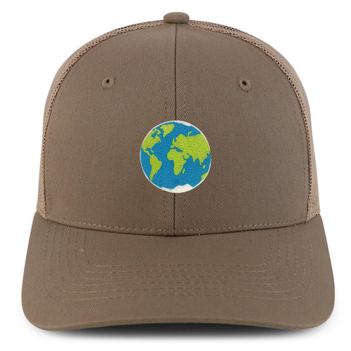 Trendy Apparel Shop Earth Embroidered Patch Structured 6 Panel Mesh Back Trucker Cap - Khaki
