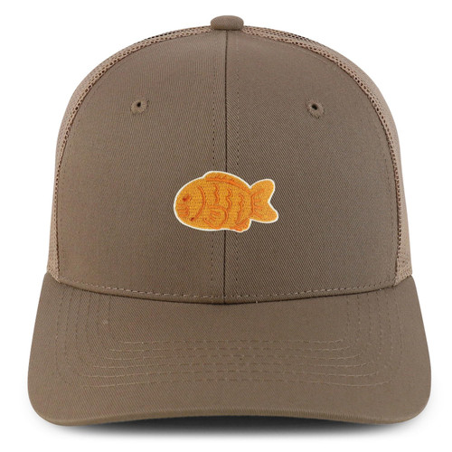 Trendy Apparel Shop Fish Shaped Pastry Embroidered Patch Structured 6 Panel Mesh Back Trucker Cap - Khaki