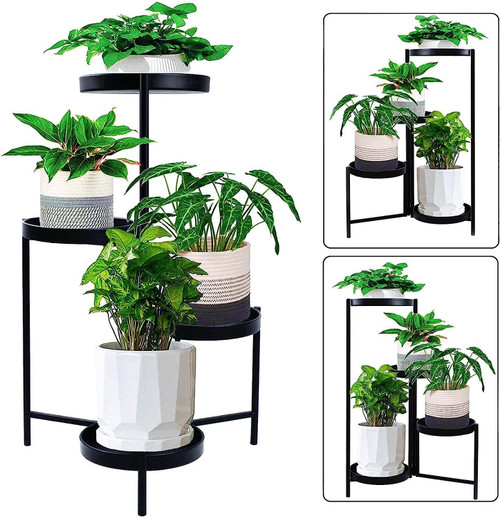 Plant Stand Indoor Outdoor 4 Tier Tall Metal Potted Multiple Flower Pot Holder Shelf Rustproof Iron Round Supports Planter Plant Rack for Corner Garden Balcony Patio