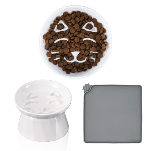 Frewinky Ceramic Slow Feeder Cat Bowl,Slow Feeder Dry/Wet Food Bowl for Cats and Small Dogs,Elevated-Cat Slow Feeder with No Spill Non Skid Cat Bowl Mat