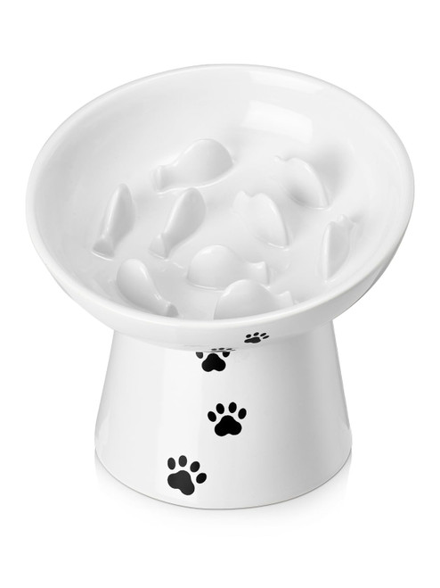 Y YHY Cat Slow Feeder, 6 Inches Cat Food Bowl Elevated Dog Slow Feeder Bowl Ceramic Cat Bowl Anti Vomiting for Dry and Wet Food, White