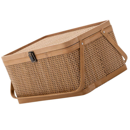 Bamboo Basket with Lid Bamboo Picnic Basket with Lid and Handle Woven Storage Basket Fruit Bread Basket Food Snacks Organizer for Picnic Camping Picnic Basket