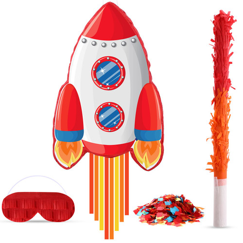 Rocket Pinata Space Pinata with Blindfold and Bat Space Themed Party Supplies for Kids Boy Girl Birthday Space Party Game Toys Favors Decorations, 16.5 x 10.7 x 3 Inches
