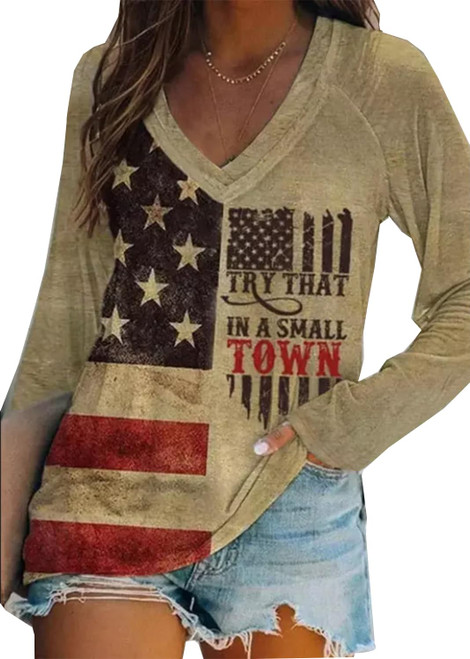 Try That in A Small Town American Flag T-Shirt Women Country Music Shirt Letter Print Graphic Long Sleeve Tee Tops (As Show L)