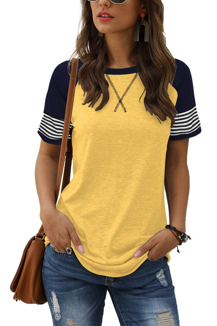 Adibosy Women Summer Casual Shirts: Short Sleeve Striped Tunic Tops - Womens Color Block Tee Tshirt Blouses Yellow XL