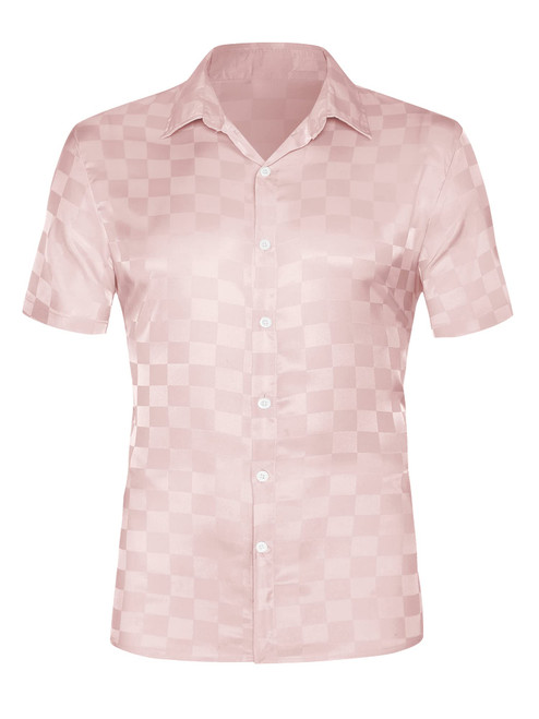 ZAFUL Men's Satin Plaid Print Button Down Front Lapel Collar Solid Short Sleeve Shirt Pink M