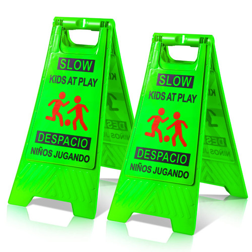 2 Pcs Slow Kids at Play Sign, Children at Play Safety Signs with Double Sided Text and Graphics, Caution Playing Warning Signs for Street Neighborhoods Schools Sidewalk Driveway (Green, Classic)