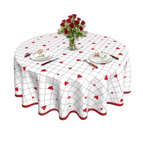 Pzoyubi Valentines Day Tablecloth White Plaid Tablecloth Round 60 Inch Heart Tablecloth Washable for Holiday Kitchen Dining Table Decor