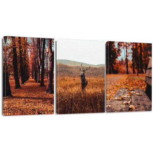 Ohok 3 Panels Modern Prints 12x16 Inches Artwork Pictures Photo Paintings Print on Canvas Wall Art for Home Walls Decor Stretched and Framed Ready to Hang (Leaves and Deer)