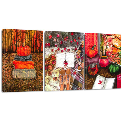 Ohok 3 Panels Modern Prints 12x16 Inches Artwork Pictures Photo Paintings Print on Canvas Wall Art for Home Walls Decor Stretched and Framed Ready to Hang (Pumpkins)