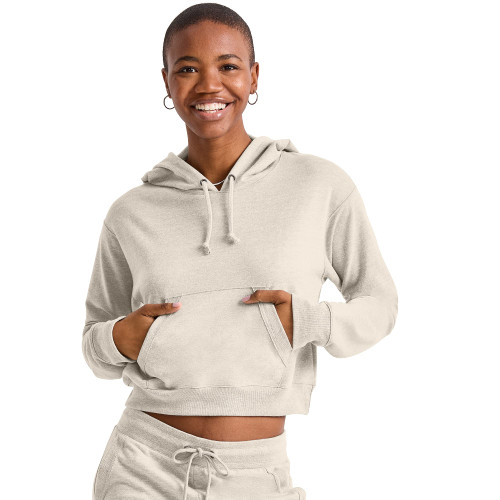 Hanes Women's Originals Pullover Cropped Hoodie, French Terry Hooded Sweatshirt, Natural, Medium