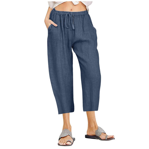 NIANTIE Linen Beach Pants Women high Waisted Linen Pants for Women Beach Casual Loose Capri Elastic Waist Summer Trousers Cropped Wide Leg Pants with Pocket