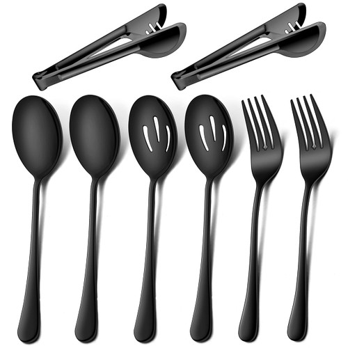 LIANYU Large Black Serving Utensils Set, 3 Serving Spoons, 3 Slotted Serving Spoons, 3 Serving Forks, 3 Serving Tongs, 9.8 Inch Stainless Steel Buffet Catering Serving Spoons Forks Set