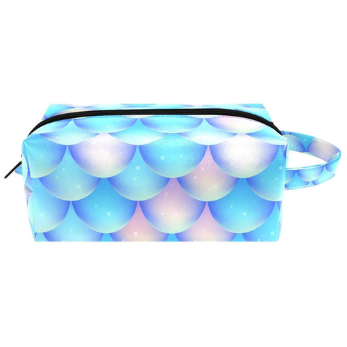 LEVEIS Mermaid Scales Pattern Blue Microfiber Leather Makeup Bag Pouch Waterproof Travel Cosmetic Bag Portable Handy Toiletry Bag for Women Girls Gifts