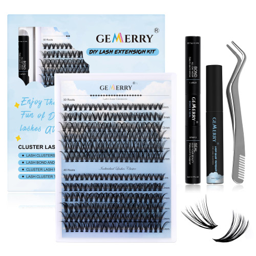 DIY Lash Extension Kit GEMERRY Individual Lashes Kit with 240 PCS Lash Clusters 8-16mm Mix 10ml Lash Bond and Seal Eyelash Glue Remover and Lash Tweezers for Beginner DIY at Home Lash Clusters Kit