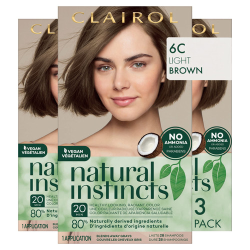 Clairol Natural Instincts Demi-Permanent Hair Dye, 6C Light Brown Hair Color, Pack of 3
