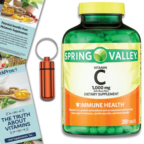 Spring Valley Vitamin C with Rose Hips Tablets Dietary Supplement, 1,000 mg, 250 Count Bundle - Includes Vitamin Guide and Pill Container (3 Items)!