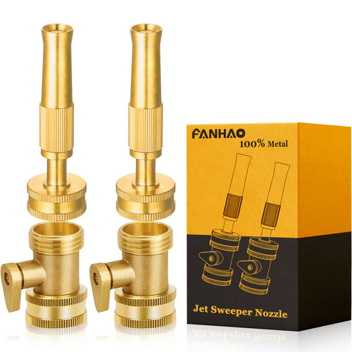 FANHAO Heavy-Duty Brass Adjustable Twist Hose Nozzle with Garden Hose Shut off Valve 3/4" GHT Connector, High Pressure Jet Sweeper Nozzle, 4 Pack