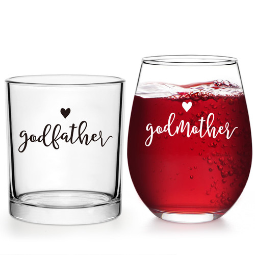 DAZLUTE Godparents Proposal Gift, Godfather Whiskey Glass Godmother Stemless Wine Glass for Godmother Godfather Mothers Day Fathers Day Christmas Birthday, Baptism Gift for Godparents from Godchild