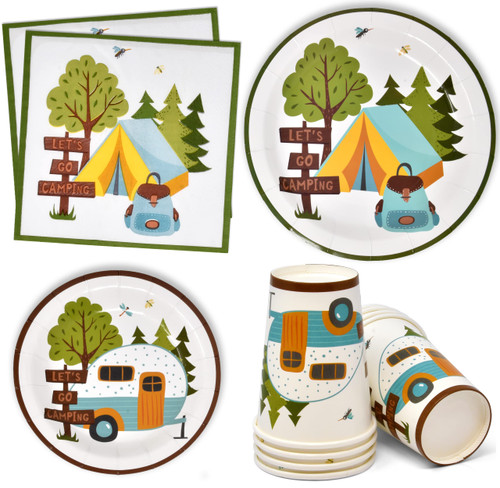 Camping Adventure Party Supplies Tableware Set 24 9" Dinner Plates 24 7" Plate 24 9 Oz Cup 24 Lunch Napkins for Camp Out Campfire Forest Nature Hiking Camper Birthday Disposable Dinnerware Paper Goods
