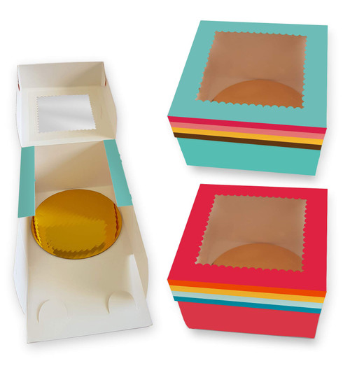 New Generation CooKeezz Couture - Cake Boxes 12x12x5 Inch, Super Elegant Auto Popup Pastry Boxes with Window for Cake and Cookies - 12 Pack Boxes Included with 12 Cake Round Boards. (RAINBOW)