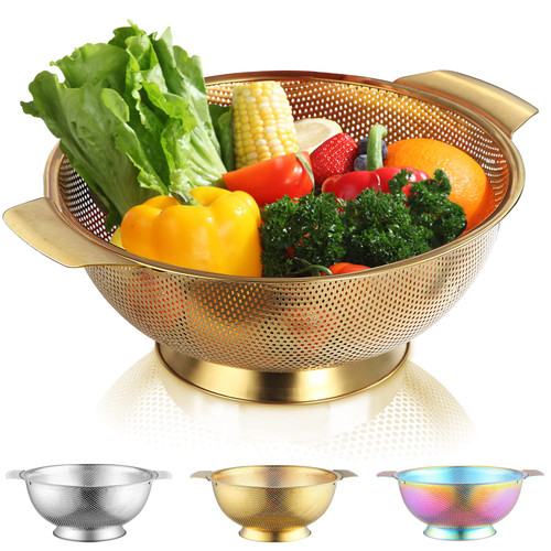 Kyraton Gold Colander 5 Quart, Professional Titanium Gold Plating Stainless Steel Strainer with Heavy Duty Handles and Self Draining Solid Ring Base, Easy Clean and Dishwasher Safe