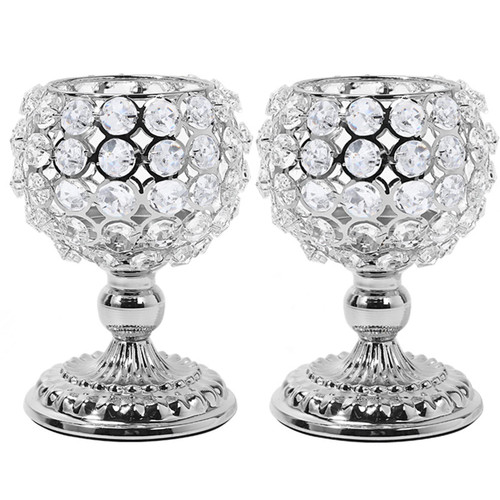 Silver Crystal Candle Holders Set of 2 Votive Tealight Pillar Candle Holder Dining Table Centerpiece Table Decorations for Dining Room Living Room Christmas Coffee Dinner Table Decor (Silver, 2pcs 6")