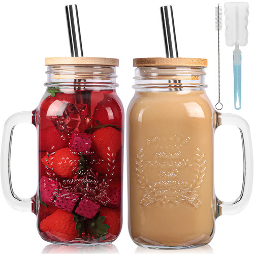 Yirilan 2 Pack 24Oz Mason Jar Cups,Mason Jars with Handle,Mason Jar Drinking Glasses with Lid and Straw,Mason Jar Mugs