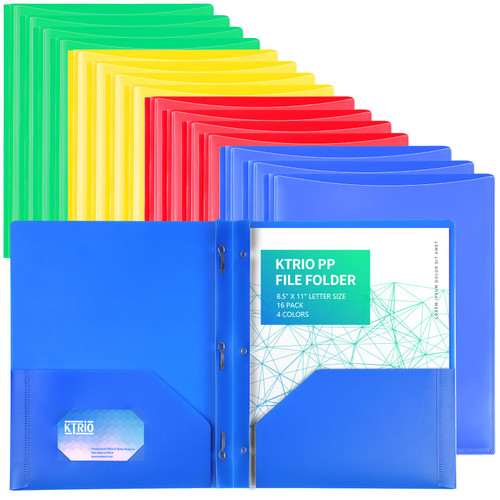 KTRIO 16 Pack Plastic Folders with Clear Front Pocket, 2 Pocket Folders Heavy Duty Folders with Pockets and Prongs, Letter Size Colored Bulk Plastic Folders for School Office, 4 Assorted Colors