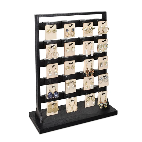 Ikee Design Wooden Jewelry Display Rack with 20 Removable Metal Hooks, Earring Card Display Holder Stand with Hooks, Jewelry Tower for Earring Cards, Necklaces, Keychains, Black Color