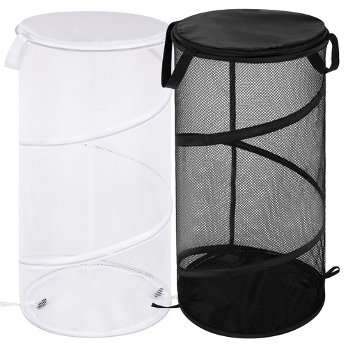 BATTOO 2 Pack Large Collapsible Laundry Basket with Lid Foldable Mesh Pop Up Hamper with Handles for Laundry Room, Bathroom, Kids Room, College Dorm, Travel, Storage Organizer Black+White