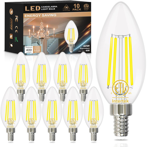hansang 10 Pack E12 Candelabra LED Bulb 5000K Daylight, 40W Equivalent Ceiling Fan Ligh Bulbs, B11 Shape Chandelier Light Bulbs, 4W Type B Bulbs Clear Glass, 120V, 400LM, Non-dimmable
