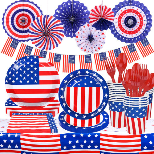 Kicpot 4th of July Decorations American Flag Party Supplies Disposable Paper Plates and Napkins for Veterans Day Independence Day (158 Pcs,Serve 25)