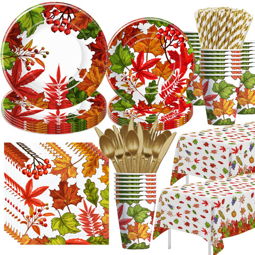 APOWBLS Thanksgiving Party Supplies - Fall Party Decorations Dinnerware Include Thanksgiving Plates, Cup, Napkin, Tablecloth, Cutlery, Straw, Autumn leaves Theme Table Decorations Tableware | Serve 24