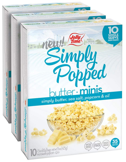 Jolly Time Simply Popped Minis - Lightly Salted Microwave Popcorn - Gluten Free & Kosher Snack with Natural Whole Grain Kernels (Simply Popped Butter Minis, 1.5 Ounce (Pack of 30))