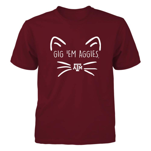 FanPrint Texas A&M Aggies T-Shirt - Cat Face Team - If-Ic13-Ds75 - Youth Tee/Maroon/S