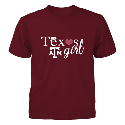 FanPrint Texas A&M Aggies T-Shirt - Texas Girl - Youth Tee/Maroon/L