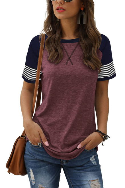 Adibosy Women Summer Casual Shirts: Short Sleeve Striped Tunic Tops - Womens Color Block Tee Tshirt Blouses Wine Red M