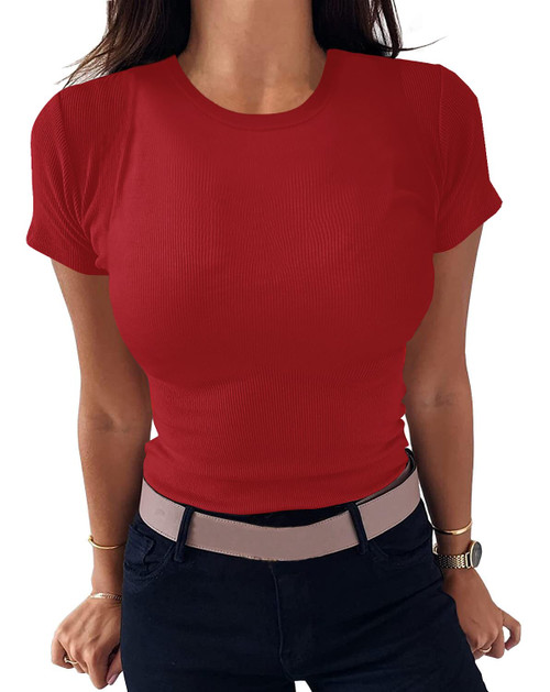 Roselux Women Crew Neck Ribbed Fitted Tight Tshirt Short Sleeve Shirt Basic Knit Top(3695,Red-M)