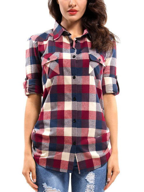 OCHENTA Women's Roll Up Sleeve Button Down Plaid Flannel Shirt Fitted Casual Tops D006 Pink Purple 2XL