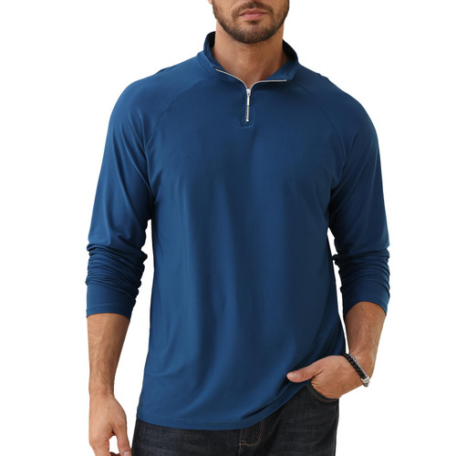 Lexiart Men's Athletic Polo Shirts Quarter-Zip Golf Shirt Muscle Long Sleeve Pullover Casual Slim Fit Polo T Shirt Bluegreen