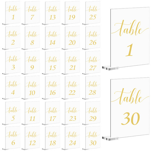Yalikop 30 Pcs Gold Acrylic Wedding Table Numbers with Stand Printed Clear Acrylic Table Number Stand Table Number Signs for Wedding Reception Event Party Dining Room(Rectangular)