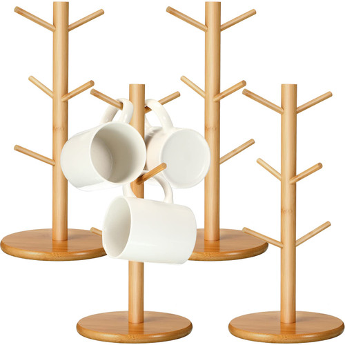 Zopeal 4 Pcs Mug Holder Tree Coffee Cup Holder Bamboo Mug Rack Coffee Mug Stand Tea Cup Organizer Mug Hanger with 6 Hooks for Storage Kitchen Cabinet Display Accessories Counter Bar (Wood Color)