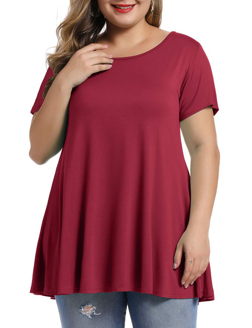 MONNURO Womens Short Sleeve Casual Loose Fit Flare Swing Tunic Tops Basic T-Shirt Plus Size(Wine Red,6X)