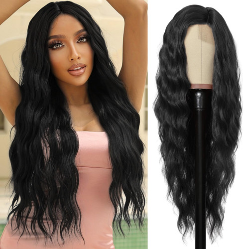 Flufymooz Black Wig for Women, Side Part 28" Long Wavy Curly Wigs Natural Looking Heat Resistant Synthetic Fiber Wig for Daily Party Use (Natural Black)