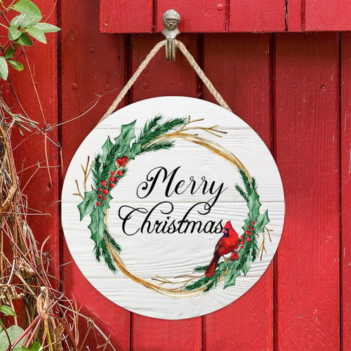 12 Inch Round Wood Welcome Pallet Sign Merry Christmas Cardinal Bird Rustic Door Hanger Sign Nostalgic Wooden Craft Sign Plaque Wall Pediment Wall Decorations for Front Door Porch Christmas Decor