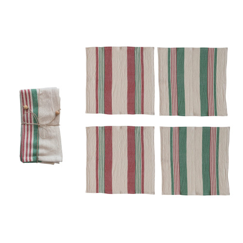 Creative Co-Op 18' Square Cotton Napkins w/Stripes & Jute & Wood Ring Tie, Multi Color, Set of 4