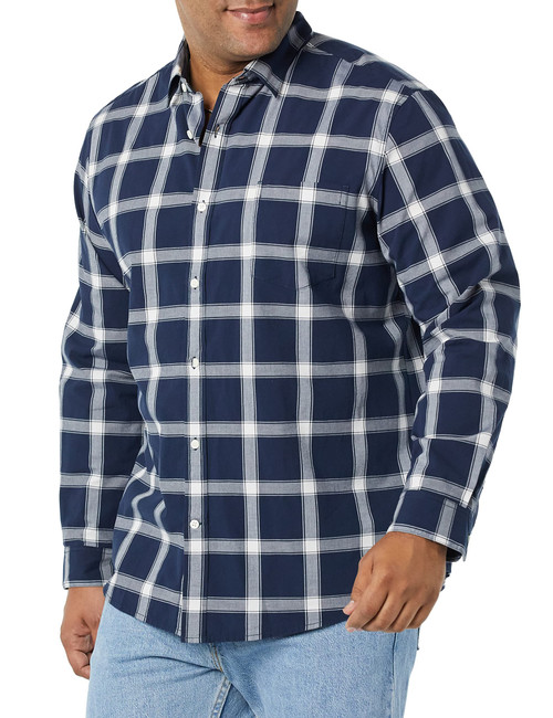 Amazon Essentials Men's Long-Sleeve Regular-Fit Stretch Poplin Shirt, Navy/White, Buffalo Plaid, X-Large